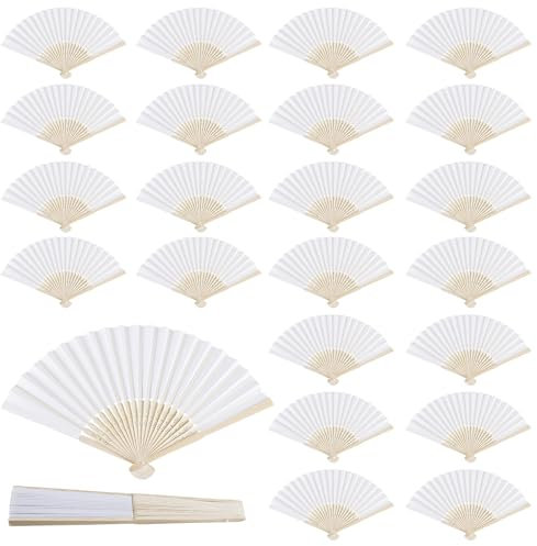 WANDGU 24 scomparti per matrimonio: eleganti ventagli bianchi, pieghevoli, ideali per ospiti di nozze e decorazioni, in bambù e carta, per occasioni festive, 21 x 37 cm