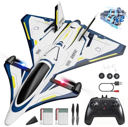 DEERC 4CH borstlös RC-flygplan, Sci-Fi fjärrstyrt jet-flygplan med LED-lampor, RTF-konstflygplan, 2,4 GHz 6-axlig gyrostabilisator, EPP-segelflygplan för vuxna och avancerade