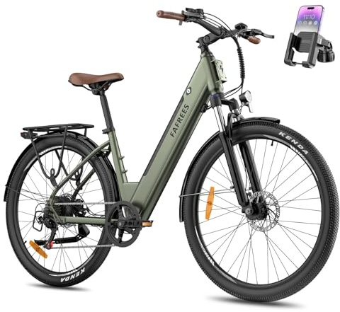 Fafrees F28 PRO Electric Bike for Adults, 16Ah Long-Range Battery, 27.5 Step-Through City E-Bike 250W Motor, 7-Speed Commuter Electric Bicycle, Suspension Fork (GWP Phone Holder, GREEN)