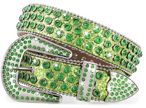 JasGood Ceinture en cuir pour femmes avec strass, ceinture western cow-girl cowboy avec clous en cuir scintillant pour jean, vert, 115 cm: Anzug für Hosengröße 81cm-95cm