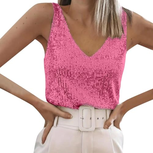 Générique Débardeur Paillette Femme V sans Manche Tank Brillant pour soirée Cocktail Concert Club Mariage Top Brillant Multicouleur Coupe décontractée Tailles S à XXL