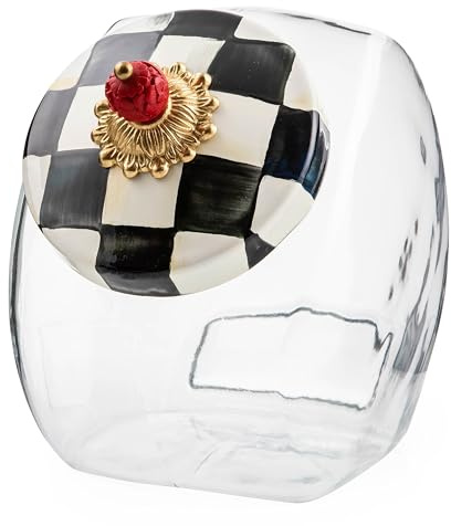 MACKENZIE-CHILDS Cookie Jar with Enamel Lid, Large Glass Treat Jar or Kitchen Jar, 1-Gallon Capacity, Black-and-White Courtly Check
