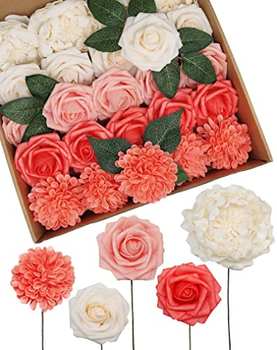 D-Seven Artificial Flowers Living Coral Flowers Combo Foam Flowers with Stem for DIY Wedding Bouquets Centerpieces Floral Arrangements Bridal Shower Baby Shower Party Home Decor