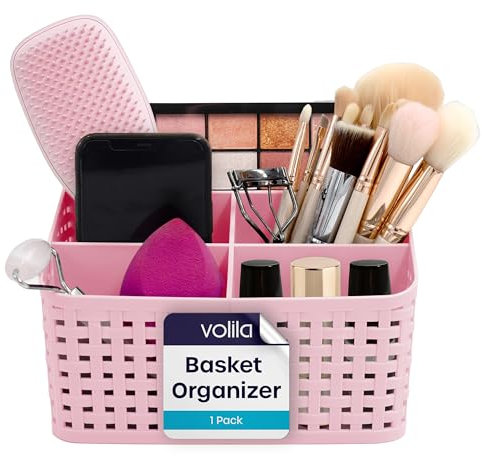 volila Storage Baskets - Pink Plastic Vanity Storage 1 Pack - Makeup Organiser 5-Grid Multi-function Bedroom Skin Care Organiser, Dressing Table Organiser, Bathroom Toiletries Storage Basket
