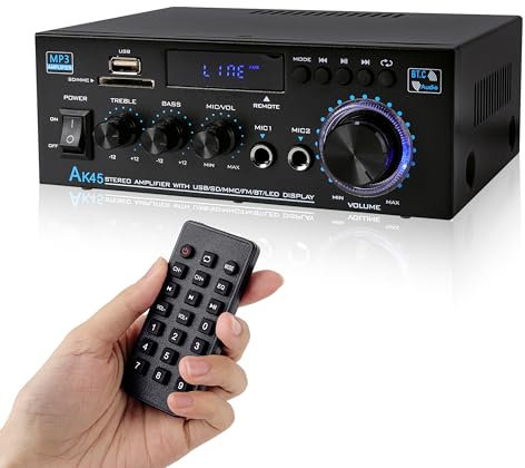 800W Amplificateur Audio stéréo, Bluetooth 5.0 à 2 canaux RMS 40W X2 Récepteur Audio Stéréo, USB, SD, FM, Micro pour la Maison ou la Voiture (AK45)