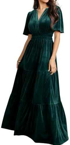 R.Vivimos Herbst Winter Damen Samt Kleid V-Ausschnitt Kurzarm Vintage Maxi Kleid A Linie Layered Rüschen Elegant Lange Kleider(XL,Dunkelgrün)