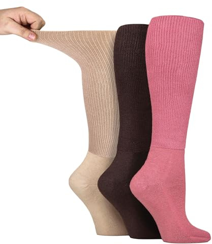 IOMI 3 Paires Chaussettes Hautes Diabétiques Longues Extra Large Chaussettes Sans Elastique (FR/ES, Numérique, 37, 42, Taille normale, Taille normale, Rose foncé)