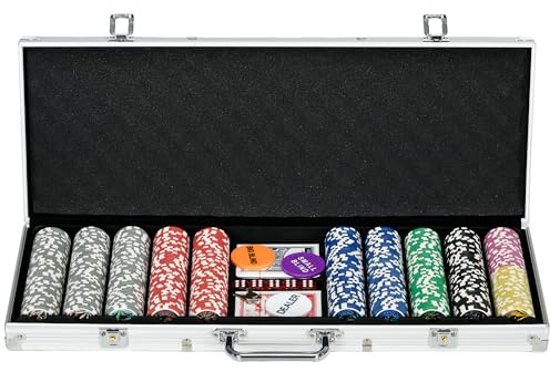 SPORTNOW Mallette de Poker Coffret de Poker Complet, verrouillable, avec 500 jetons 5 dés 2 Jeux de Cartes 3 Boutons 1 Tapis en Feutre + 2 clés Aluminium