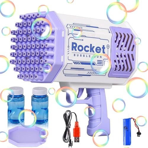 JONRRYIN Bubble Machine Gatling, 69 Agujeros Bazooka Launcher Bubble Máquina, Pistola Burbujas con Light Up Bubbles, Bubble Gun Toy Automáticos para Fiestas Interiores Aire Libre Verano (Purple)
