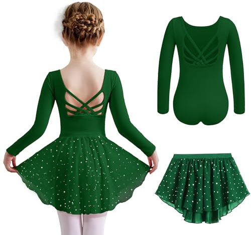 Arshiner Vestidos de Baile para Niña Ropa de Ballet de Manga Larga Verde Vestidos de Baile Disfraz de algodón Leotardo de Ballet para niños con tutú 2-3 Años