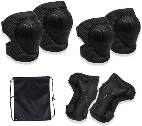 MUNSKT 6PCS Kids Sports Protective Gear Set with Drawstring Bag, Knee Elbow Pads Wrist Guards Comfortable Adjustable for Inline Roller Skating Skateboard Biking Cycling Scooter, 3-12 Years Old Kids