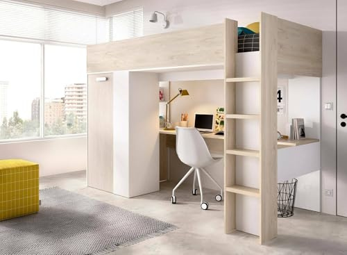 Dmora - Composizione camera da letto Focoletta, Stanza da letto completa, Cameretta per bambini, Set per arredo a ponte, 206x111 h178 cm, Bianco e Rovere