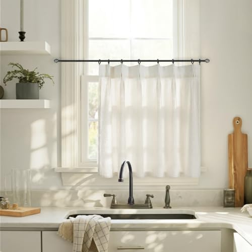 Kitchen Window Cafe Curtains 24x48 Inch Length Over Sink,Modern Farmhouse Style Boho Pinch Pleat Linen Sheer Tier Short Curtains for Small Window Cream