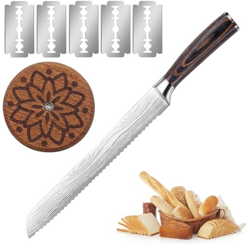 WIYETY Brotmesser Satz, Brotmesser mit Wellenschliff aus Edelstahl, Teig Rasiermesser mit 5 Klingen, Brot Schneide Werkzeug mit Holzgriff, Baguettemesser zum Schneiden von Brot, Bagels, Kuchen