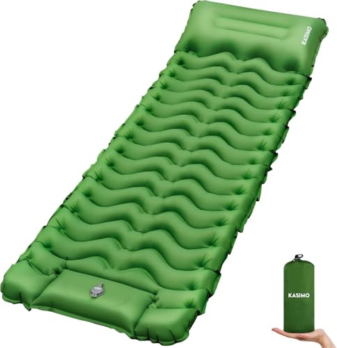KASIMO Isomatte Camping matratze mit integrierten kopfkissen, Isomatte Outdoor luftmatratze mit Fußpumpe Ultraleicht luftzellenmatte aufblasbar (Grün 8cm)