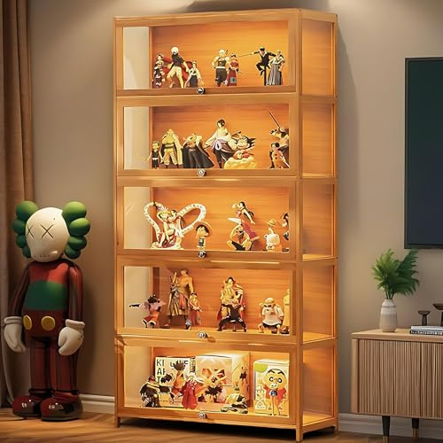 Scribora Vitrinen, Glasvitrine für Sammlerstücke & Trophäe, 5 Etagen Vitrine, Bücherregal, Aufbewahrungsschrank für Wohnzimmer, Schlafzimmer, Büro (braune Klapptür)