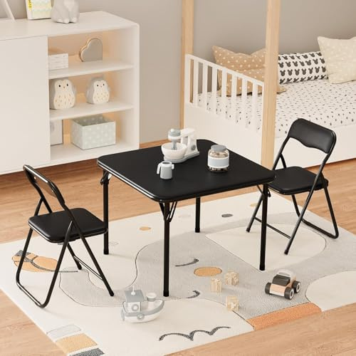 Salutmeuble 3 PCS Ensemble Table et chaises Pliantes pour Enfants, Table et chaises d'activités pour garçons et Filles avec Coussin Souple en PU pour Manger, Lire et Jouer (Noir)