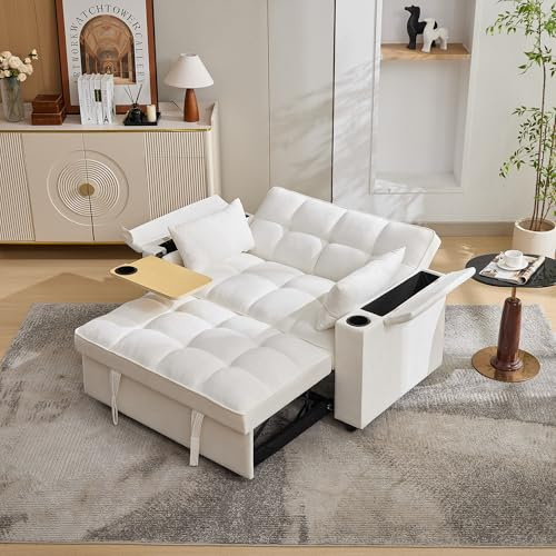 Sofá cama 3-en-1 desplegable, con respaldo ajustable, puerto USB, sofá de 2 plazas tipo lounge, cama diurna plegable, equipado con mesa oculta, portavasos 140.5*74*82cm (Beige)