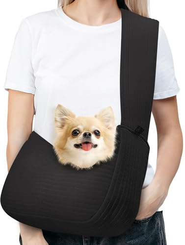 Pawaboo Sac à Bandoulière pour Chat Chien, Sac de Transport pour Animal de Compagnie en Polyester avec Laisse de Sécurité, Voyage avec Sangle Élargie, jusqu'à 10LBS, Noir