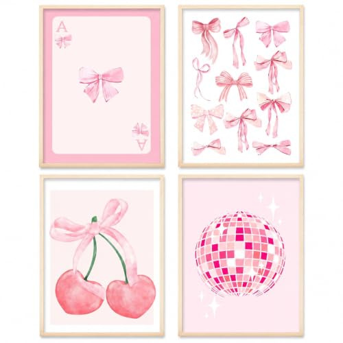 FloralGrace Set de 4 Pósters Coquette Trendy, Lazo de Cereza Rosa y Bola de Discoteca, Decoración de Habitación Estética Clean Girl, Decoración Estética para Habitación de Residencia 20x30CM Sin
