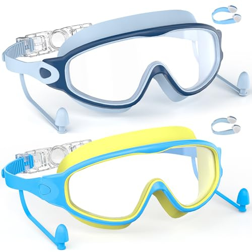 Lot de 2 Lunettes de Natation Enfants - Cadeau Garçons et Filles 3-15 Ans | Grand Champ de Vision HD 180°, Anti-Buée & Protection UV, Silicone Doux Réglable, avec Bouchons d’Oreilles & Pinces-Nez