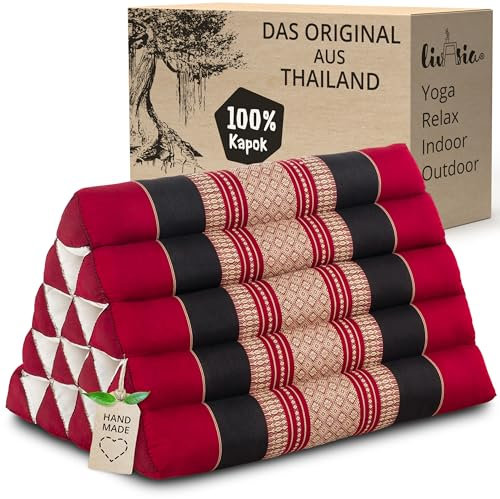 livasia Rückenstützkissen extrahoch - 38x55x35cm - Dreieckskissen für Garten und Balkon, Keilkissen mit Kapok, Lagerungskissen für Beine, handgefertigt, Meditationskissen (Rot/Schwarz)