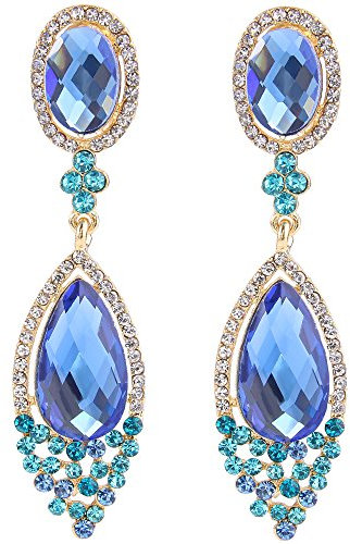 Clearine Ohrclips lang Damen Hochzeit Party Kristall Tropfen Chandelier Dangle Ohne Ohrlöcher Blau Gold Ton