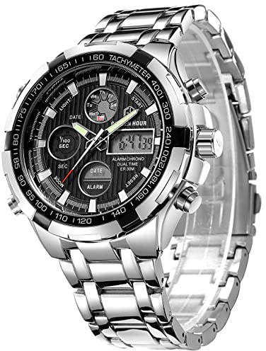 GOLDEN HOUR lusso in acciaio inox analogico digitale orologi per uomo sport all'aperto impermeabile grande orologio da polso pesante (Silver Black)