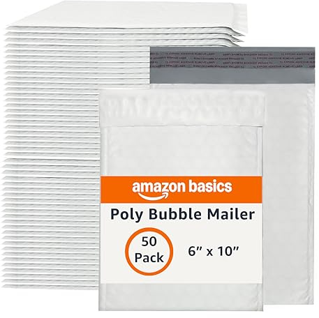 Amazon Basics Poly Bubble Self-Seal Mailers, Tear and Water Resistant Shipping Bags, 6 x 10, White/Grey, 50-Pack