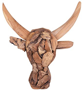 Beliani Wanddekoration Stierkopf-Form aus Teakholz heller Holzfarbton rustikal Bull Head