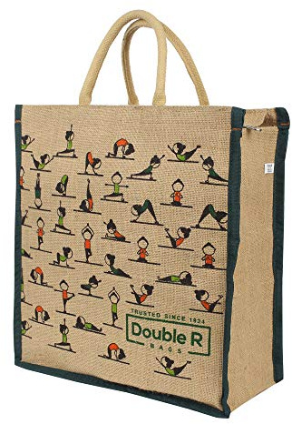 DOUBLE R BAGS Eco Reusable Yoga Print Jute Lunch & Shopping Bags with Zip, 3 Pockets & Reinforced Handle – Multicolor (38x34x15 cm, Pack of 1)