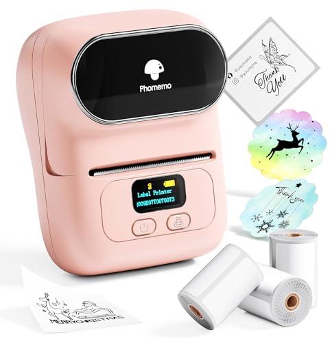 Phomemo M110 Etichettatrice Portatile Bluetooth Stampante Termica Etichette Adesive per iOS & Android,per piccole imprese,uffici,codici a barre,negozi,Label Printer set Con 3 Rotoli Etichette -Rosa