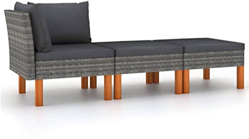 vidaXL Eukalyptusholz Massiv Gartenmöbel 3-TLG. Ecksofa Fußhocker Sitzgruppe Sofa Lounge Garten Garnitur Gartenset Gartensofa Poly Rattan