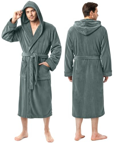 NY Threads Mens Robe with Hood, Luxury Plush Fleece Hooded Mens Bathrobe, Spa Bath Robe for Men, Large/X-Large, Steel Grey