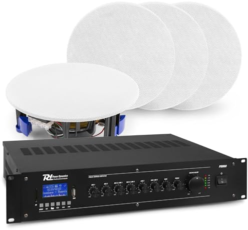 Power Dynamics PRM60 + NCSP5 - Sistema de Sonido 100V con Bluetooth, 4 Altavoces de Techo 5,25, Amplificador 60W, entradas de micrófono y MP3, con Cable de Altavoz de 50m