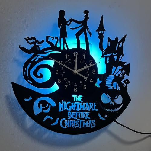 inthetime Horloge murale Jack et Sally Skellington - Horloge murale rétro à LED - 30,5 cm - Décoration faite à la main - 7 couleurs