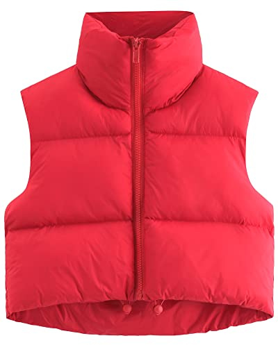fuinloth Mujer Chalecos Exteriores Chaqueta Corta sin Mangas Chaleco Cuello Alto de Invierno Acolchado Ligero Abrigos Rojo S