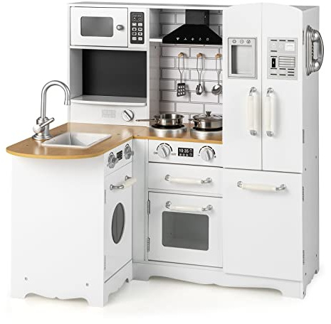 RELAX4LIFE Cocina de juguete para niños, mini cocina de madera con fregadero, estufas, microondas, refrigerador, juguete educativo para niños a partir de 3 años (lujosa)