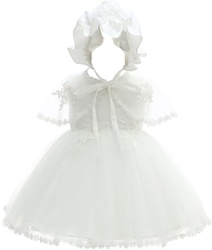 Leideur Bambine Abito da Battesimo Bianco con Cappellino Abito da Battesimo Neonato Abito in Pizzo per Matrimonio Compleanno (Bianco 4, 6Mesi)