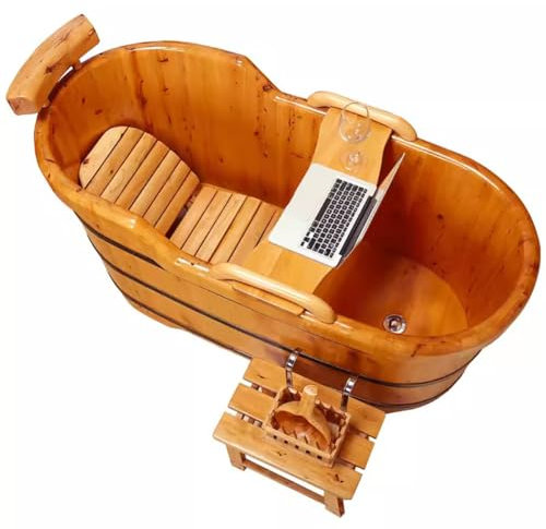 MegLob Solid Wood Freestanding Bathtub Lit, Classic Deep Soaker for Hotel/Beauty Salon, SPA Center Wooden Soaking Tub with Handrails,Mobile Japanese-Style Wooden Bathtub,150cm/59.05