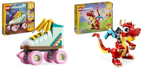 LEGO Creator 3in1 Retro Roller Skate to Mini Skateboard Toy to Boom Box Radio & Creator 3in1 Red Dragon Toy to Fish Figure to Phoenix Bird Model, Animal Figures Set