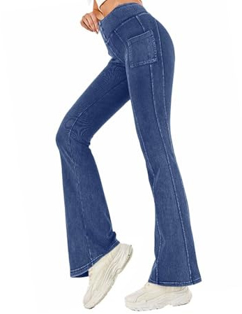 EGSDMNVSQ Jeggings Jeans da Donna Pantaloni Yoga Svasati Leggings Bootcut Pantaloni Sportivi a Vita Alta con Tasche Jeggings in Denim Elasticizzato Jeans Skinny Pantaloni Fitness Pantaloni