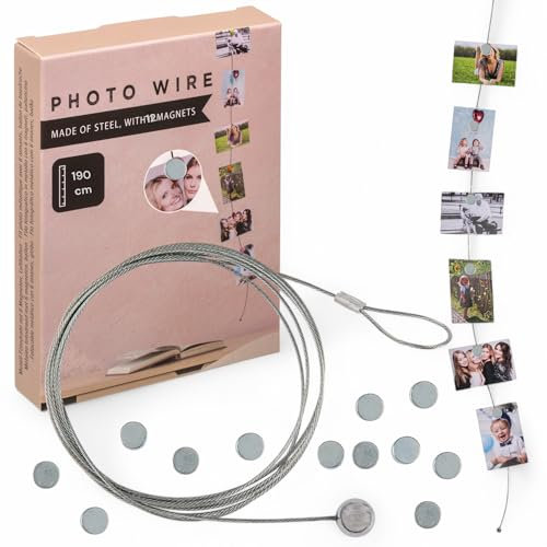 MIJOMA Filo per foto con magneti – Elegante appendere foto in acciaio – Corda flessibile per foto, cartoline e appunti – Facile da parete senza fori (190 cm con 12 magneti rotondi)