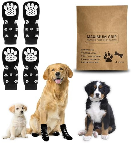 KATLKIU 4 Chaussettes antidérapantes pour Chiens avec Sangle réglable - Protection des Pattes en Coton Doux et Anti-Rayures pour Petits et Grands Chiens, à l'intérieur et à l'extérieur (Noir, L)