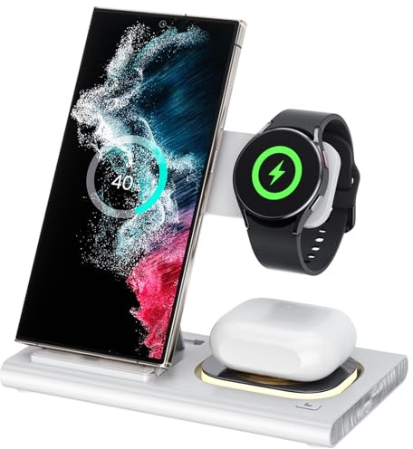 Aimtel 3 in 1 Wireless Charger [Faltbar & Nachtlicht] Kompatibel mit Ladestation Samsung, Induktive Ladestation für Galaxy Z Fold 7/Flip 7/FE/S25/S24, für Galaxy Watch 8/7/6/5 Pro/5/4/Galaxy Buds
