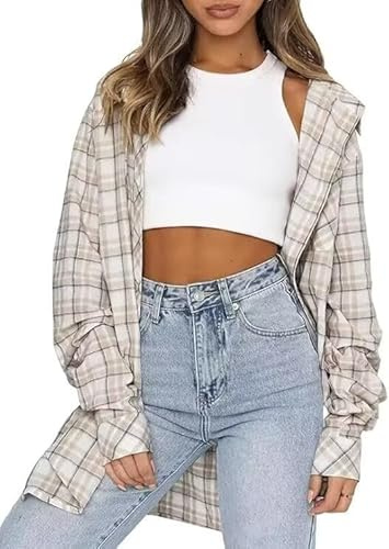 LACOZY Women's Flannel Plaid Shacket Long Sleeve Button Down Shirts Jacket Coats with Pockets Blouse Yellow White S