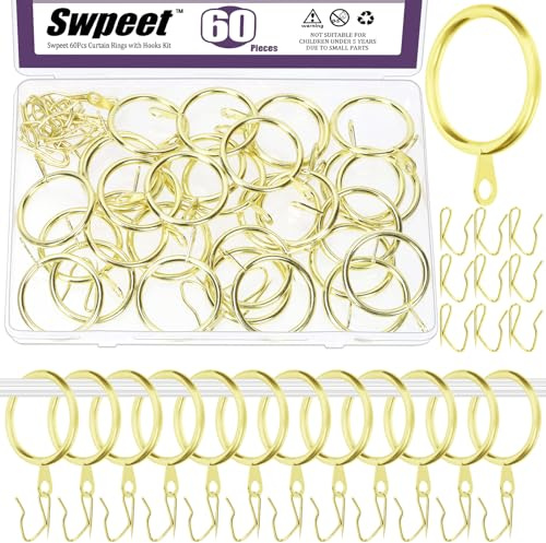 Swpeet 60pcs 32mm / 1,3 Inre diameter guld metall gardinring med pin-on draperi krokar sortiment kit, draper glidande ögon ring metall gardin krokar, för fönster dörr dusch gardin