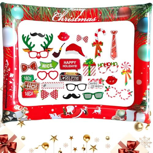 NewZC Kit de Photocall Navideño con Marco Inflable de Navidad y 38 Piezas Divertido Atrezzo Fotografia navidad - Adultos Infantiles Photo Booth Props Telón de Fondo para Navideno Fiesta Nochevieja