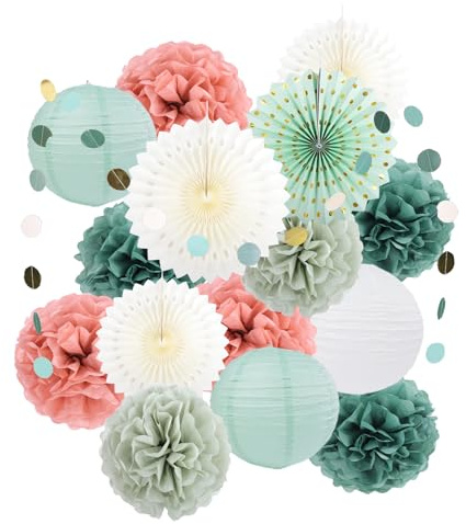Decorazioni Compleanno Verde, Addobbi Compleanno Verde Beige, Set di Scomparti Salvia, Pom Poms, Vassoi, Lanterna per Feste in Giardino, Baby