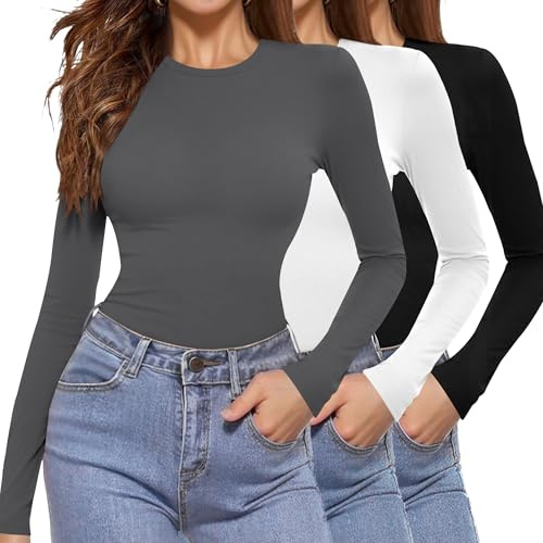 Aottori Lot Haut Col Rond Manches Longues pour Femme sous Pull Élégant Lot Hauts Chauds Pull Basic Slim Fit Sexy Top Moulante Noir+Blanc+Gris S